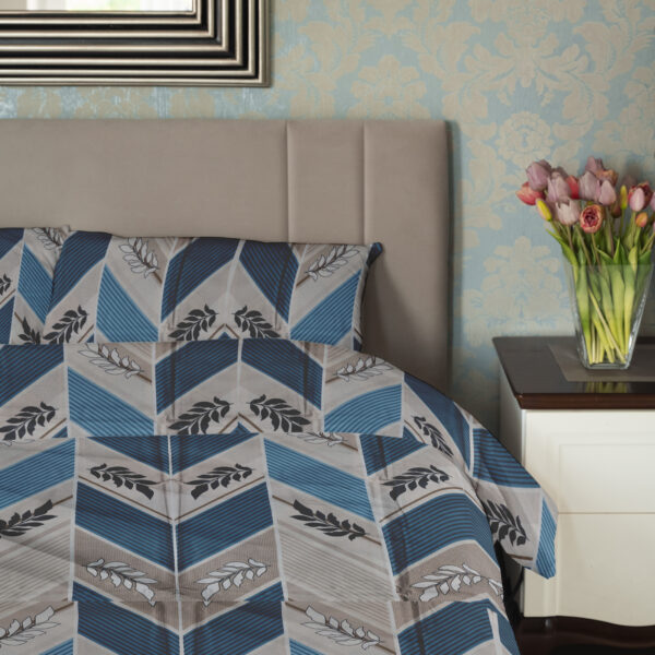 Geometric with Leaf Print Bedsheet | 200 TC | Pure Cotton Fabric | Shades of Blue