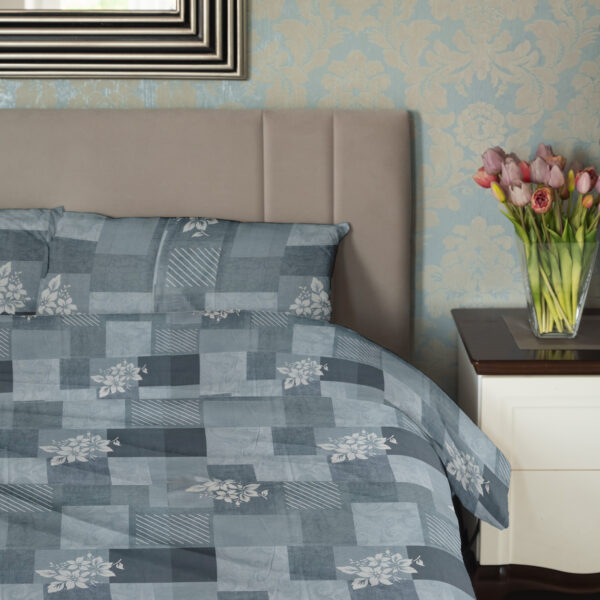 Geometric Rectangular with Leaves Print | 300 TC | Pure Cotton Fabric | Grey Base