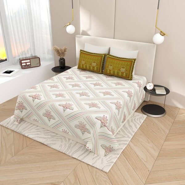 Embossed Embroidery Print Bedsheet | 250 TC | Pure Cotton Fabric | Cream Base With Contrast Pillow Covers