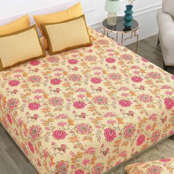 Hand Block Jaipuri Print Bedsheet | 250 TC | Pure Cotton Fabric | Yellow Pink Floral