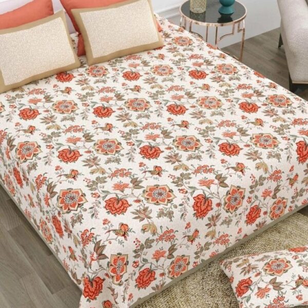 Hand Block Jaipuri Print Bedsheet | 250 TC | Pure Cotton Fabric | White Red Floral