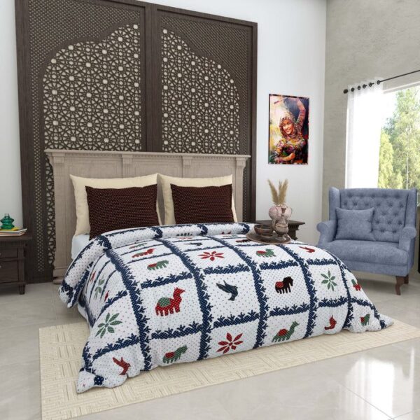 Gujri Patch Print Bedsheet | 250 TC | Pure Cotton Fabric | White