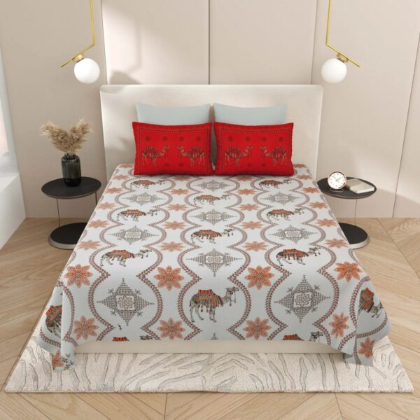 Embossed Embroidery Print Bedsheet | 250 TC | Pure Cotton Fabric | Light Grey Base With Contrast Pillow Covers