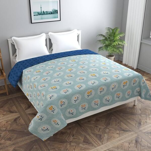 Double Bed Quilted A/c Comforter | 250 GSM | Light Blue/Blue Floral Print