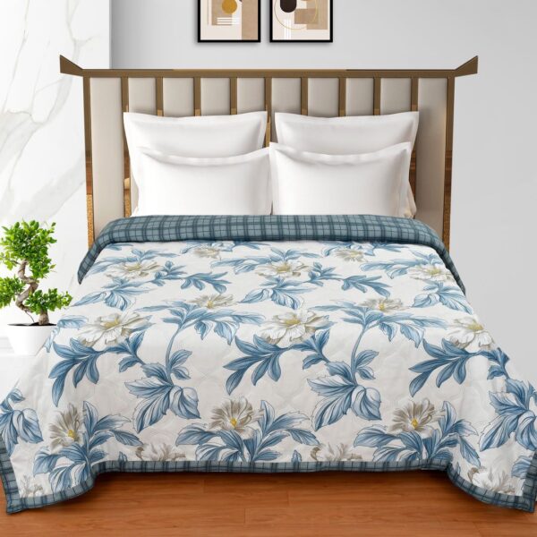 Single Bed Quilted A/c Comforter | 180 GSM | White Aqua Leaf Print