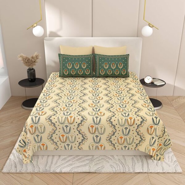 Embossed Embroidery Print Bedsheet | 250 TC | Cream Base With Contrast Pillow Covers (Copy)