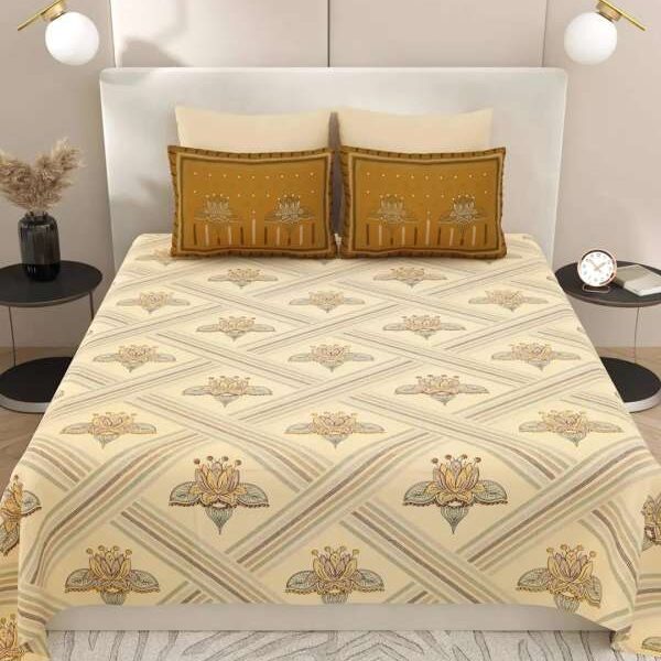 Embossed Embroidery Print Bedsheet | 250 TC | Mustard Base With Contrast Pillow Covers (Copy)