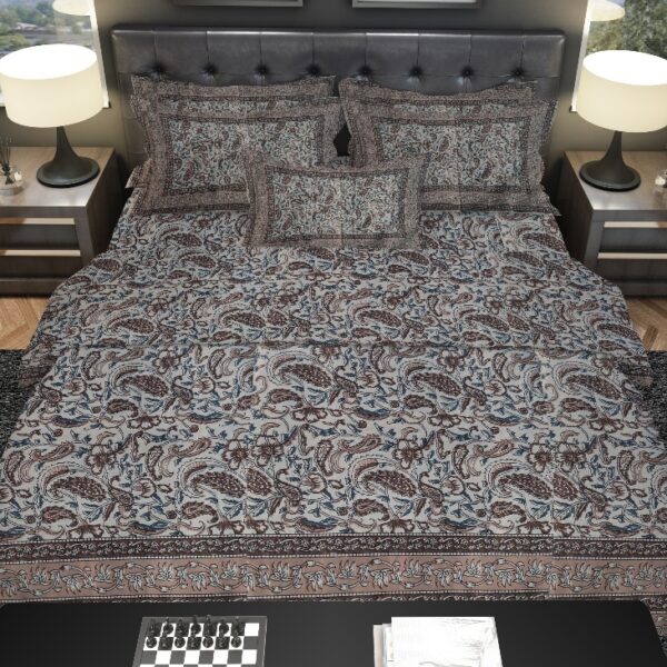 Kalamkari Print Bedsheet Floral and Motifs | 250 TC | Pure Cotton Fabric | Brown