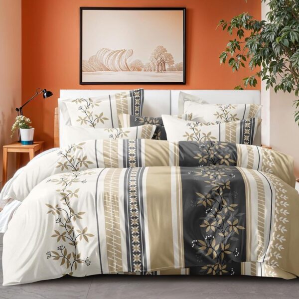 Autumn Bloom 4 Piece Bedding Set | Charcoal Stripes | Beige