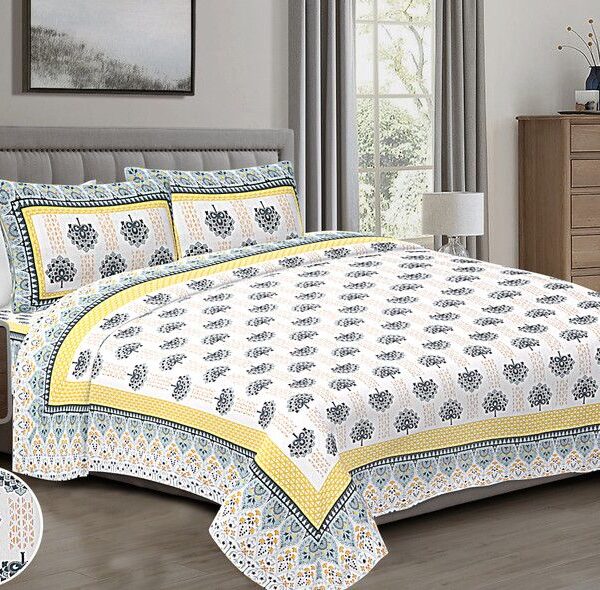 Jaipuri Print Bedsheet | 250 TC |  Pure Cotton Fabric | White, Yellow