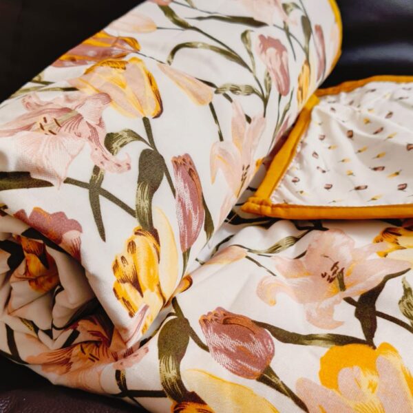 Daisy Tulip Single Bed Reversible Dohar | Pure Cotton Fabric | White, Yellow