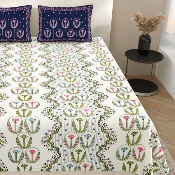 Embossed Embroidery Print Bedsheet | 250 TC | Pure Cotton Fabric | Off White Base With Contrast Pillow Covers